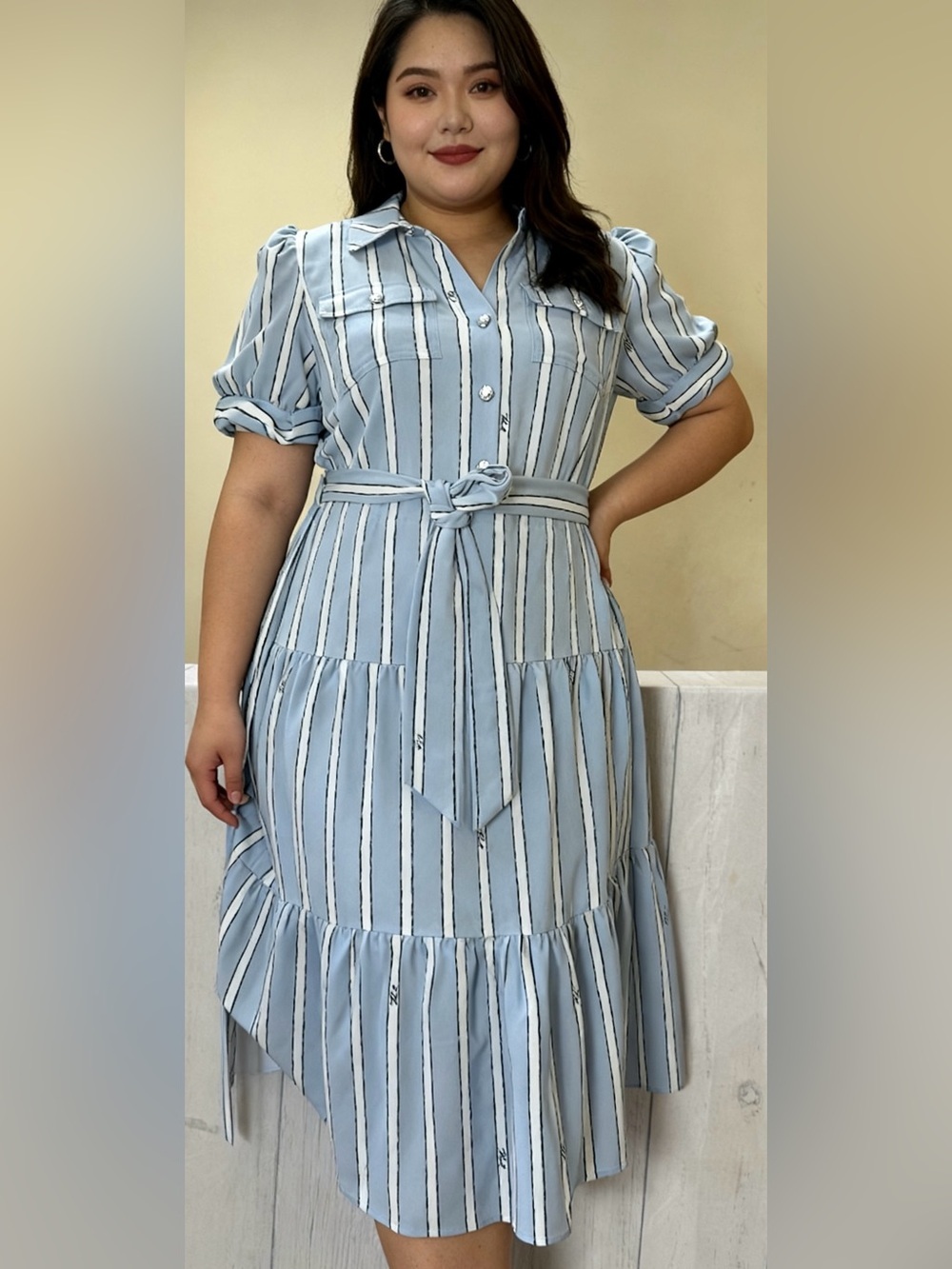 Karl Lagerfeld Light Blue and White Striped Midi Shirt Dress